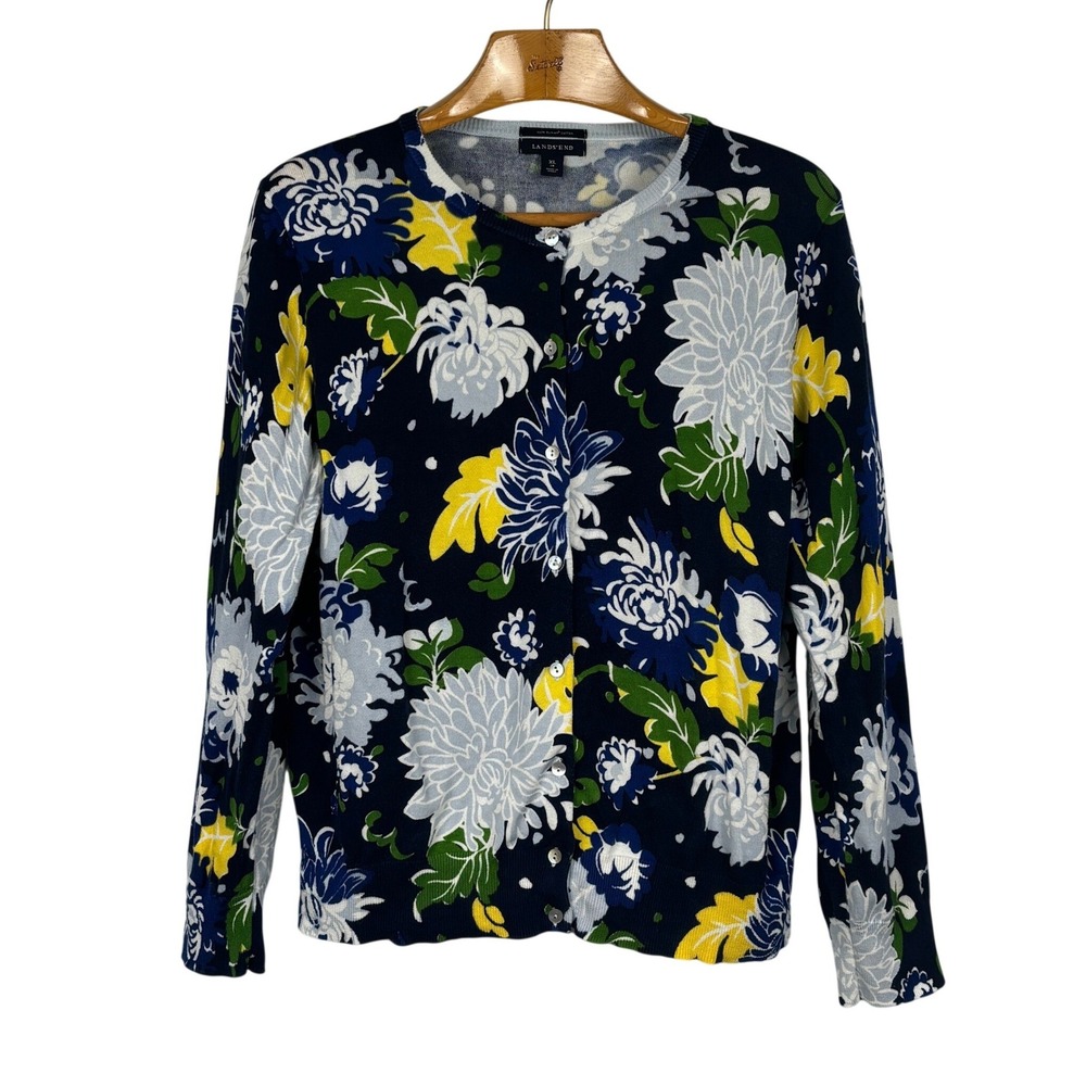 Lands' End Cardigan Floral Print XL Navy Blue 100% Supima Cotton Sweater